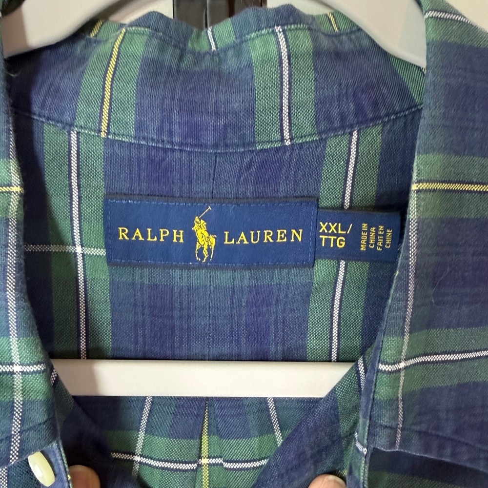 Ralph Lauren Plaid Button Down Men's XXL Navy Green Pony Logo Tartan Timeless - Picture 3 of 8